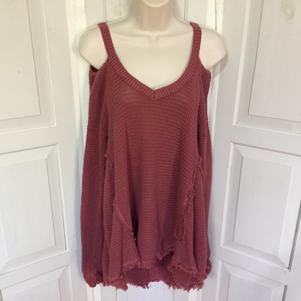 Free People Dusty Rose V-Neck Cold Shoulder Cotton Sweater